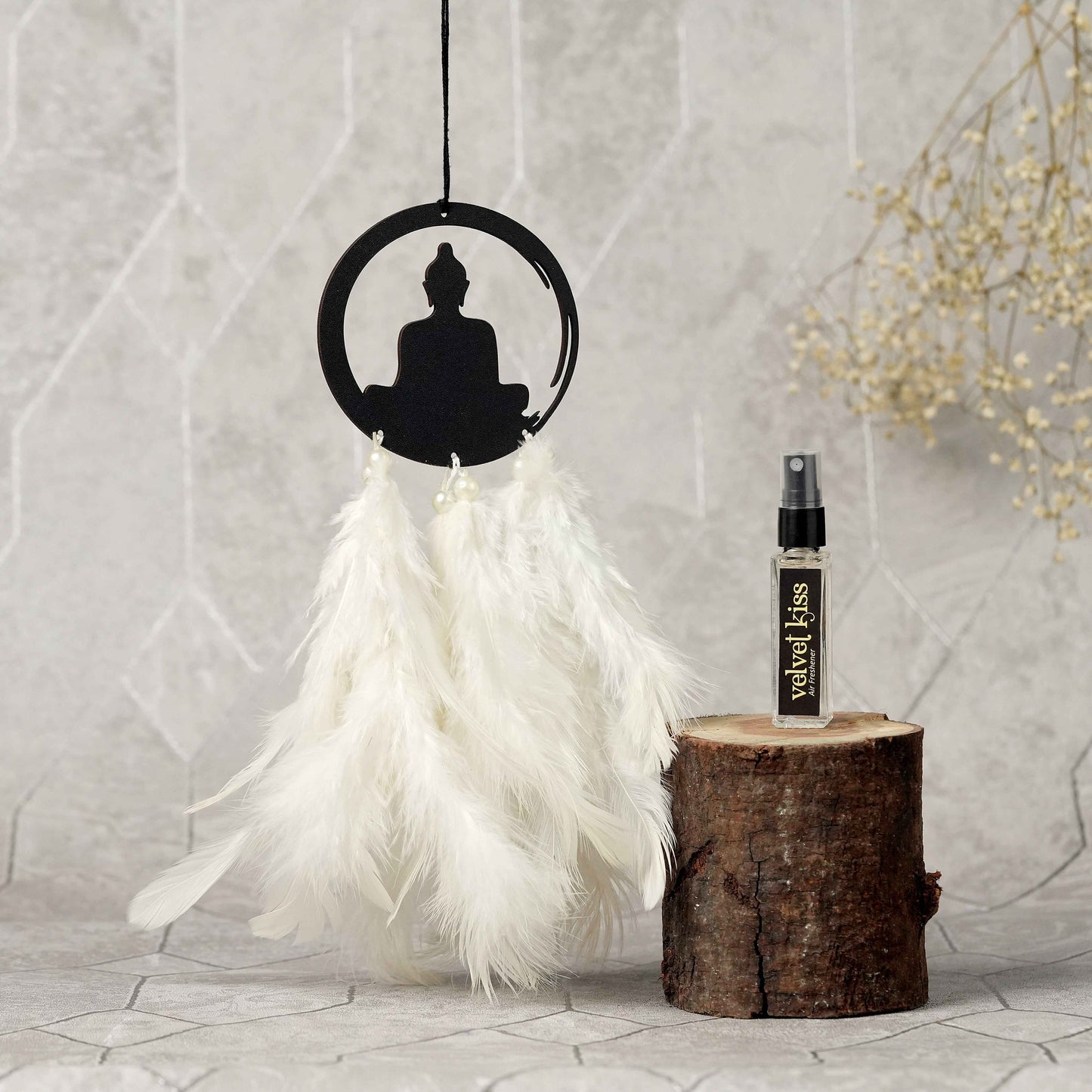 Lord Buddha Car Dream Catcher with Air Freshener – Peaceful White Feather Theme