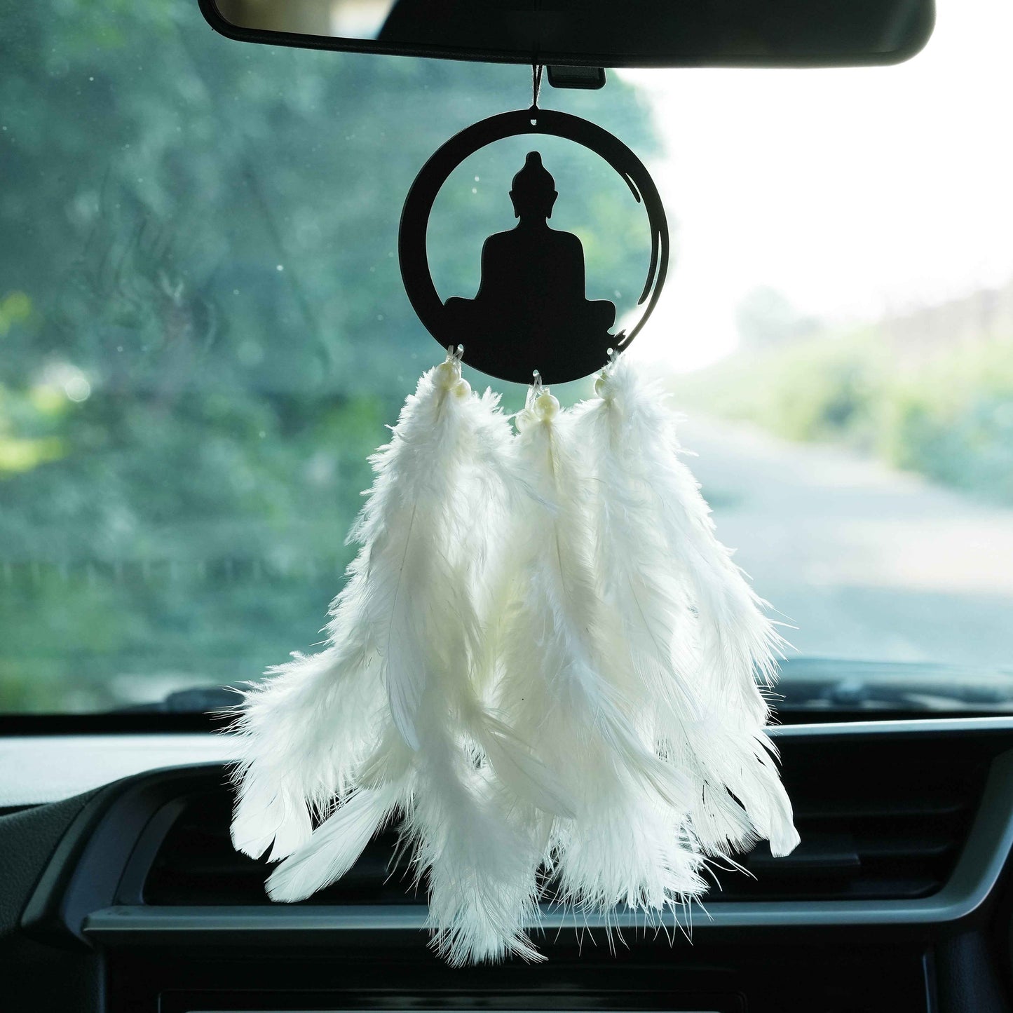 Lord Buddha Car Dream Catcher with Air Freshener – Peaceful White Feather Theme