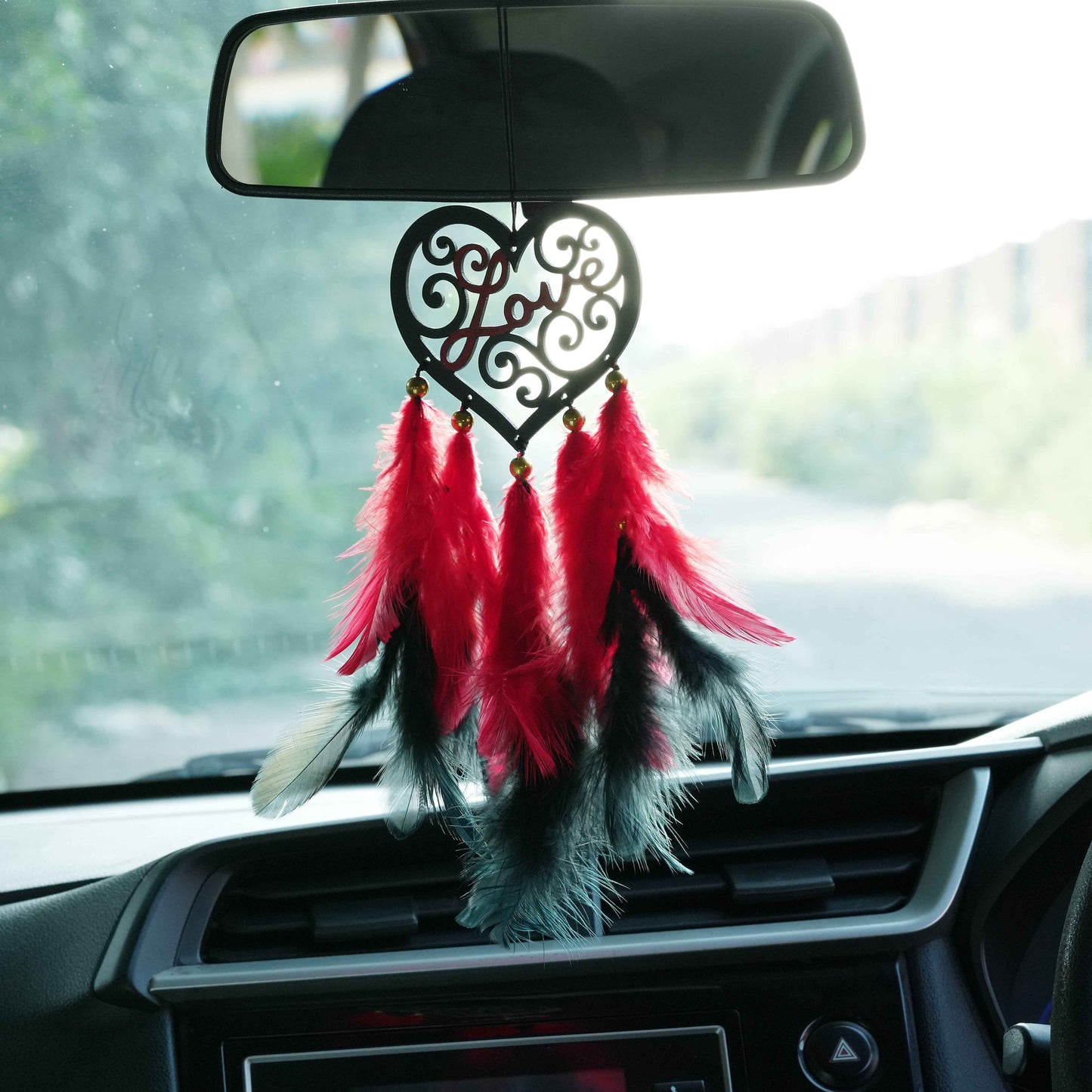 Heart-Shaped Love Car Dream Catcher with Red & Black Feathers + Air Freshener