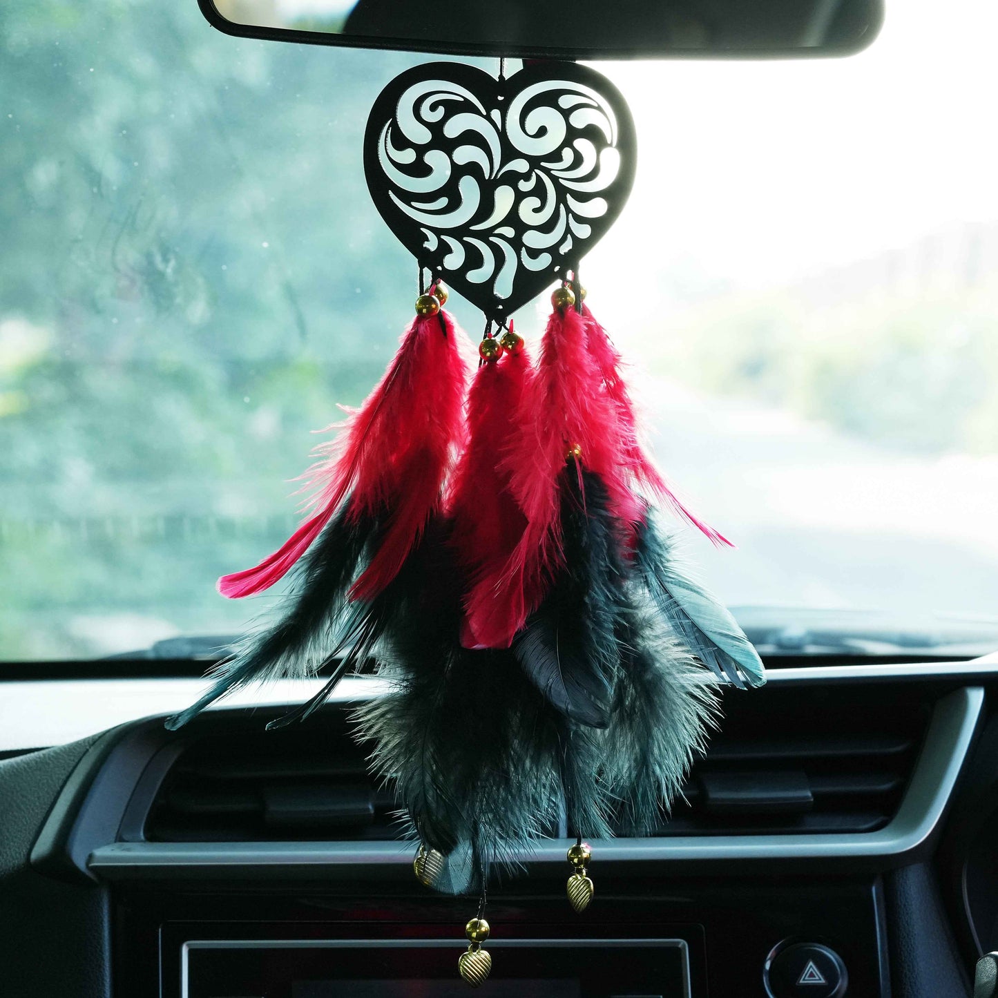 Heart-Shaped Car Dream Catcher with Red & Black Feathers + Air Freshener