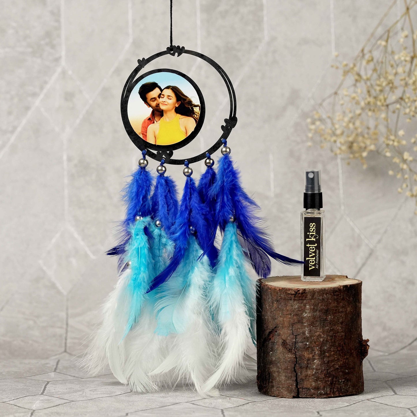 Personalized Car Dream Catcher with Photo and Air Freshener – Blue & White Theme
