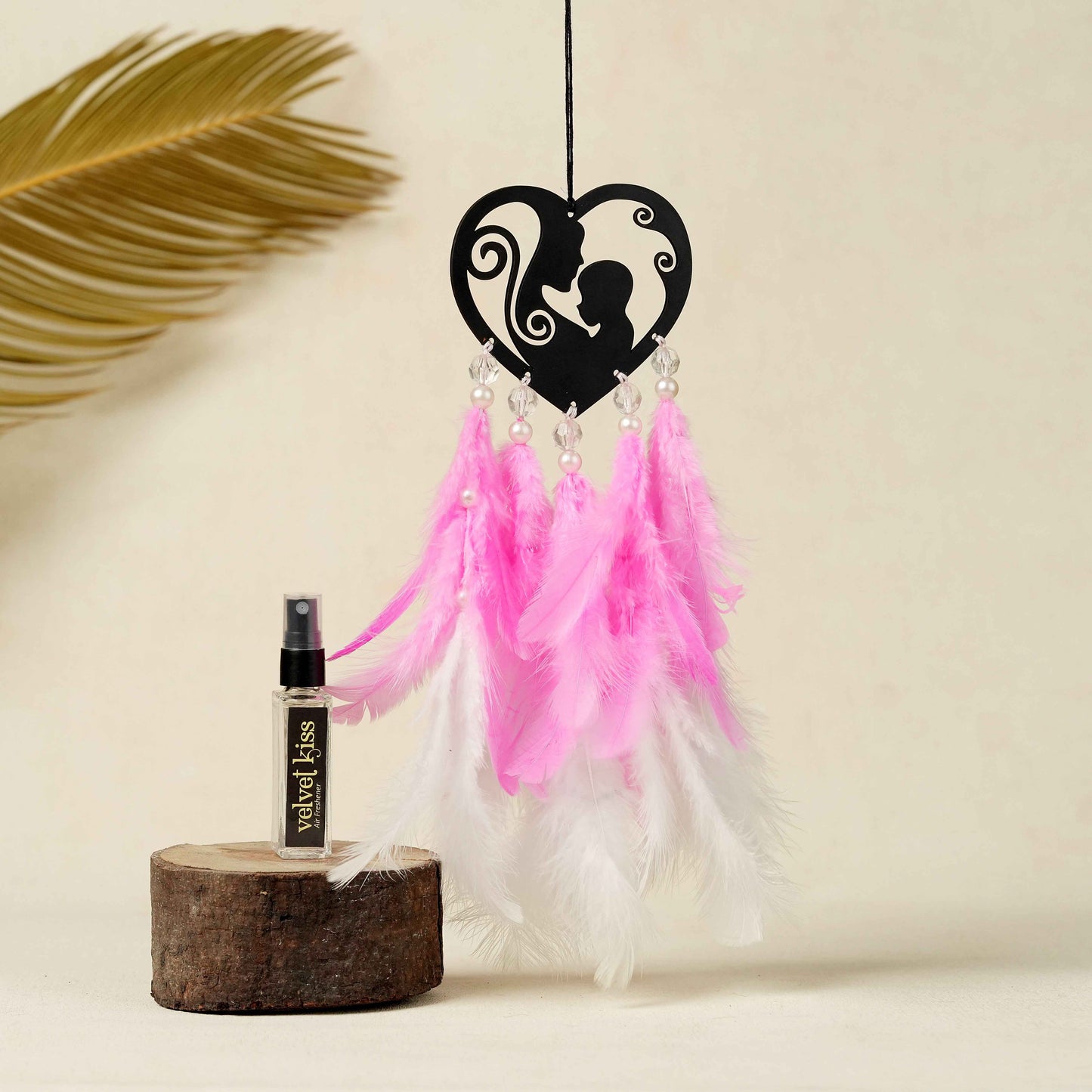 Mother and Baby Car Dream Catcher with Pink & White Feathers + Air Freshener - Perfect for Mother's Day