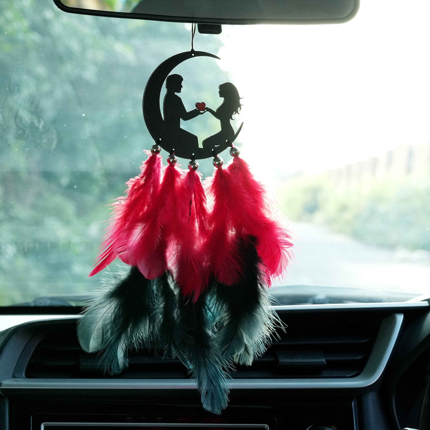 Romantic Moonlight Couple Car Dream Catcher with Red & Black Feathers + Air Freshener