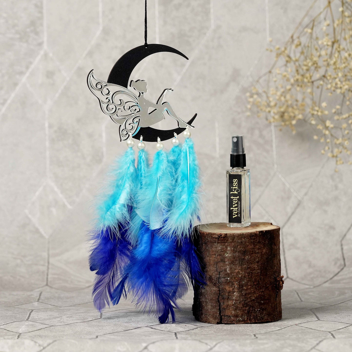 Fairy on Moon Car Dream Catcher with Air Freshener – White & Green or Blue Feather Theme