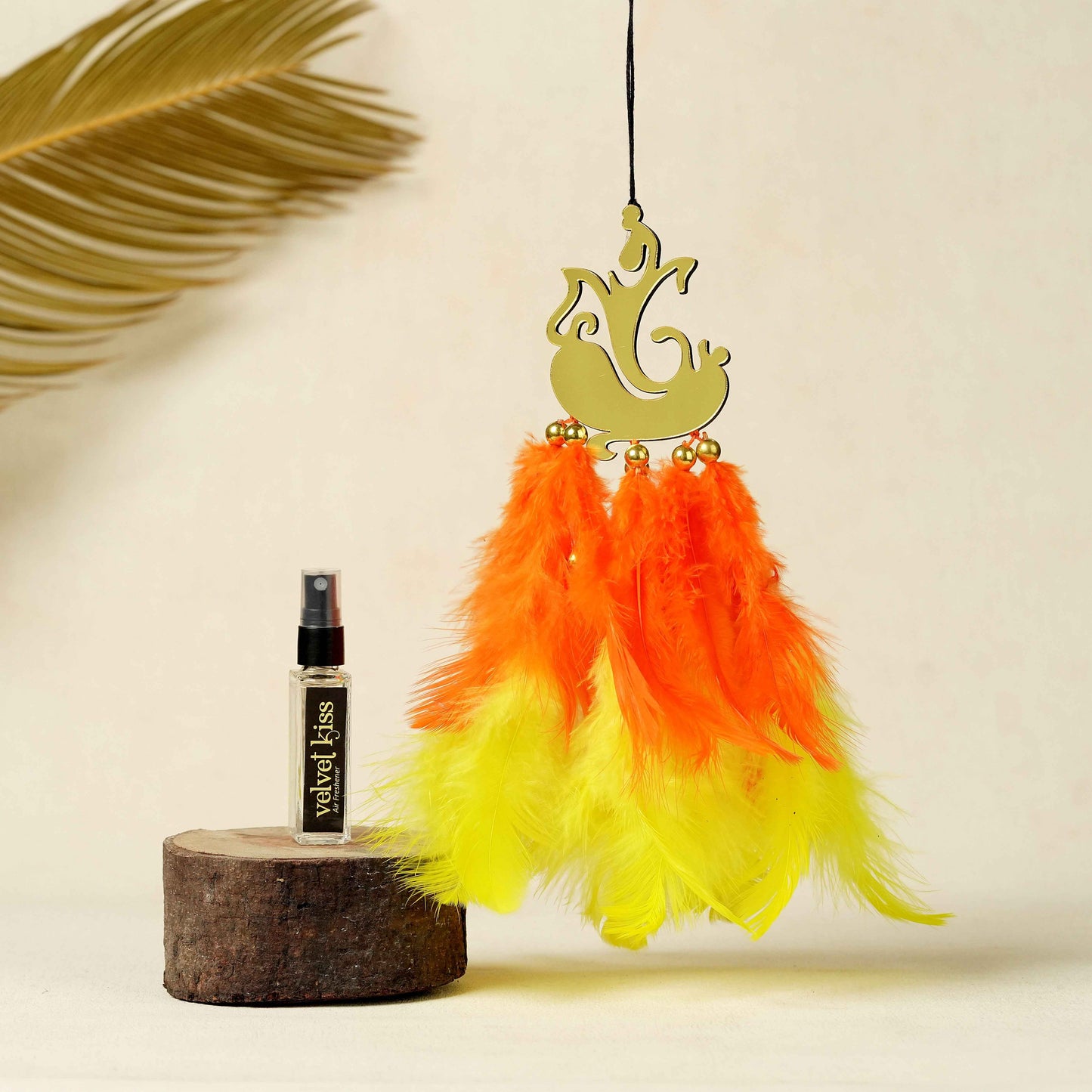 Lord Ganesha Car Dream Catcher with Golden Mirror Finish & Air Freshener (Yellow-Orange Feathers)