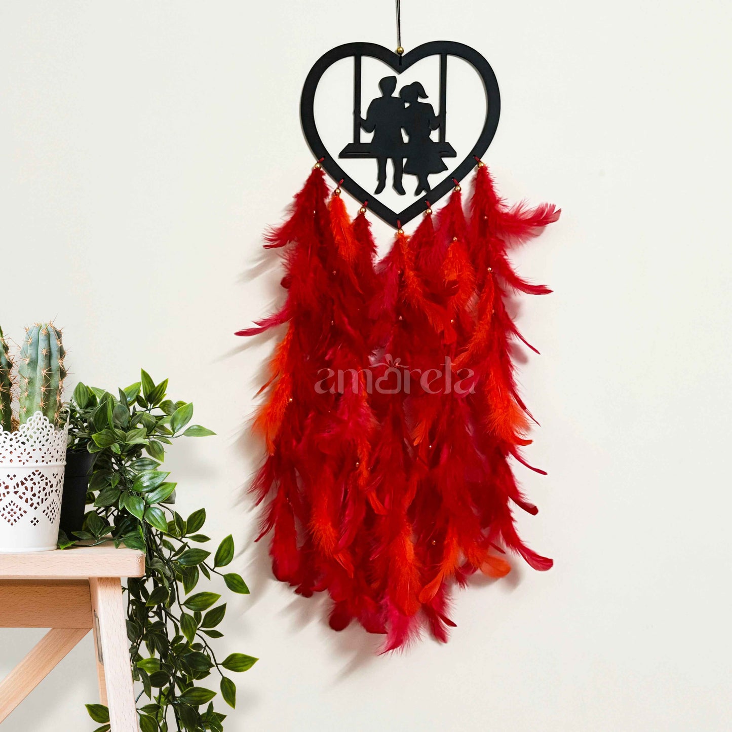 Lovers Swinging Under Heart Big Dream Catcher with Red & Orange Feathers