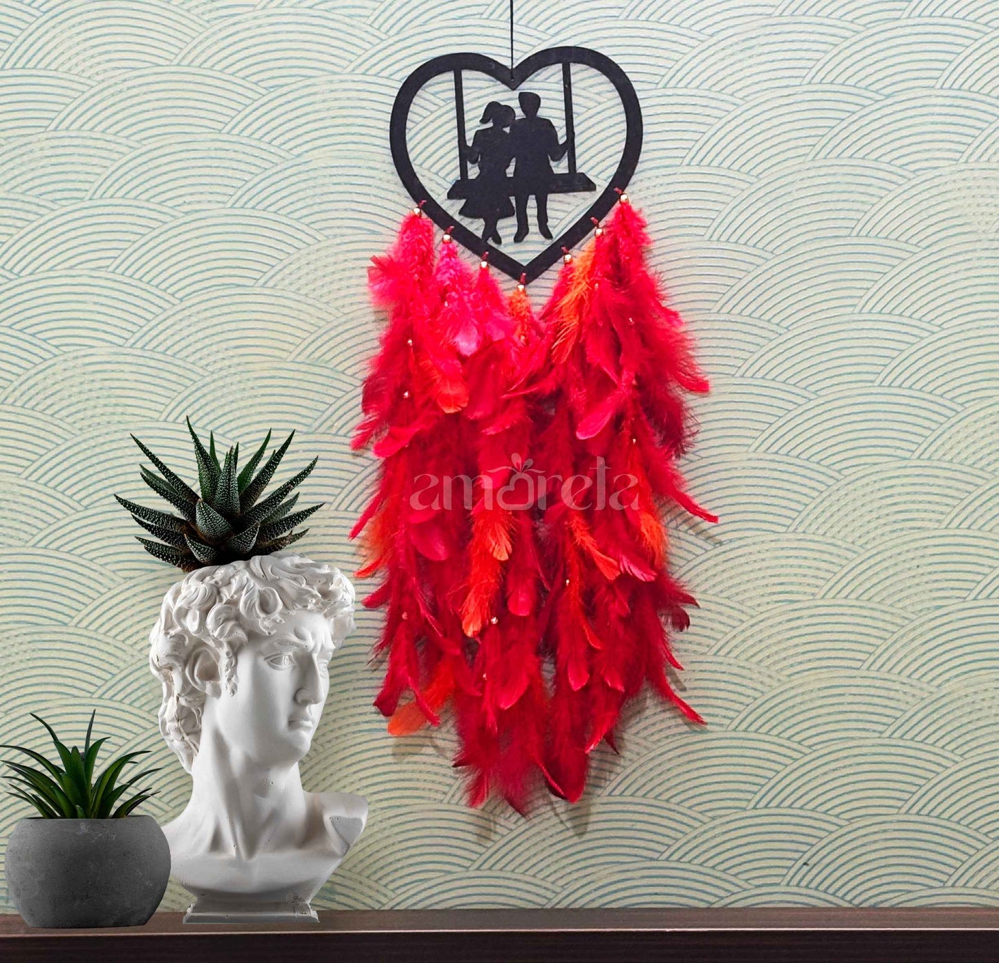 Lovers Swinging Under Heart Big Dream Catcher with Red & Orange Feathers