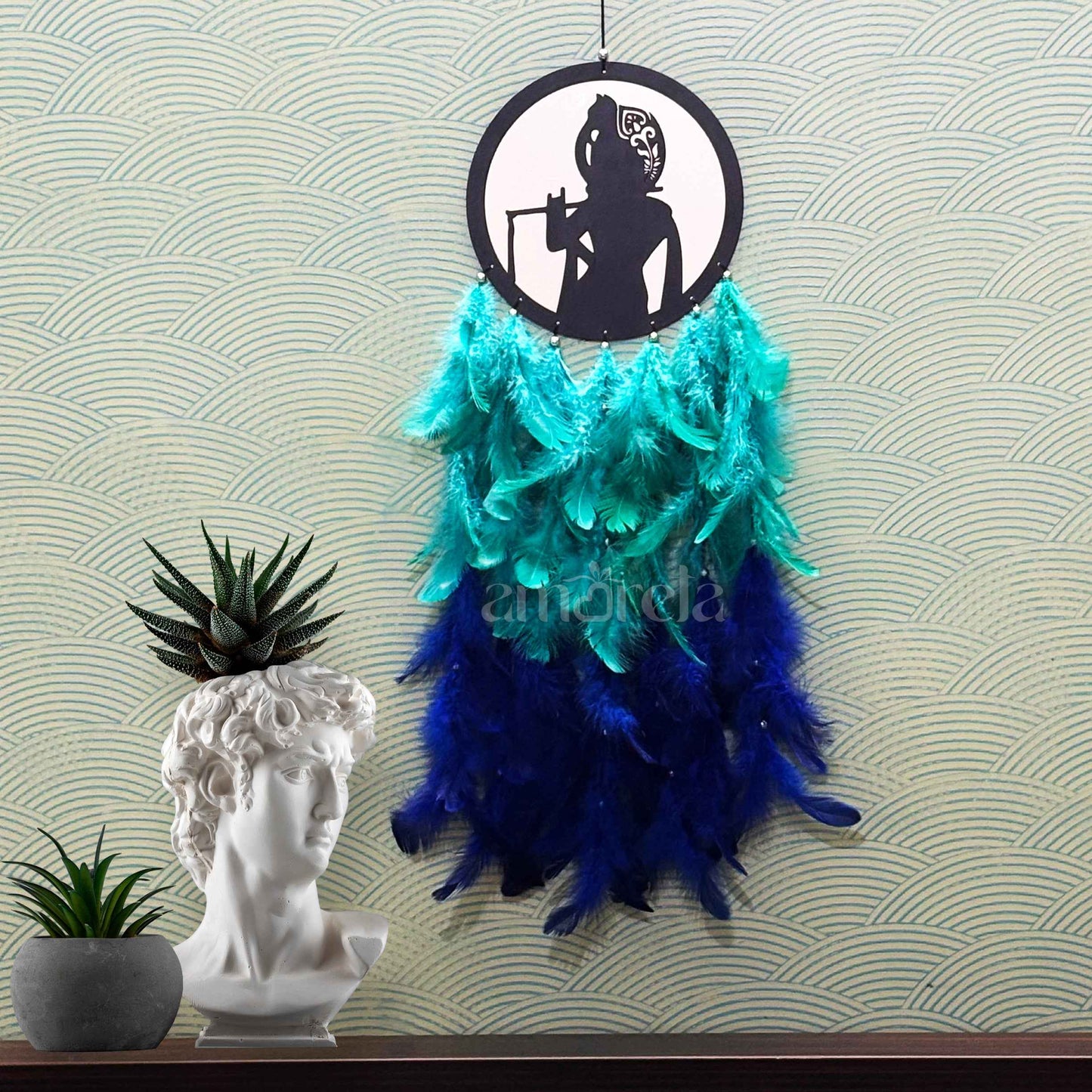 Kanha Ji Big Dream Catcher with Silver Mirror & Blue-Green Feathers