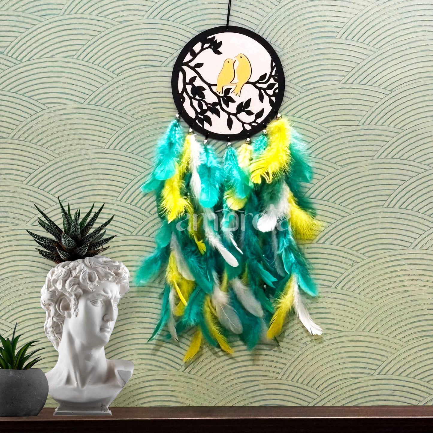 Two Love Birds Big Dream Catcher with Green, Yellow & White Feathers