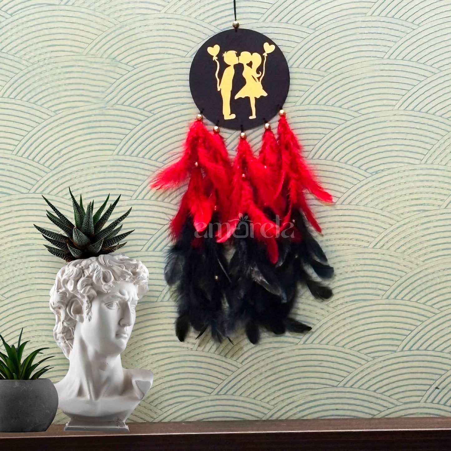 Golden Love Big Dream Catcher with Red & Black Feathers