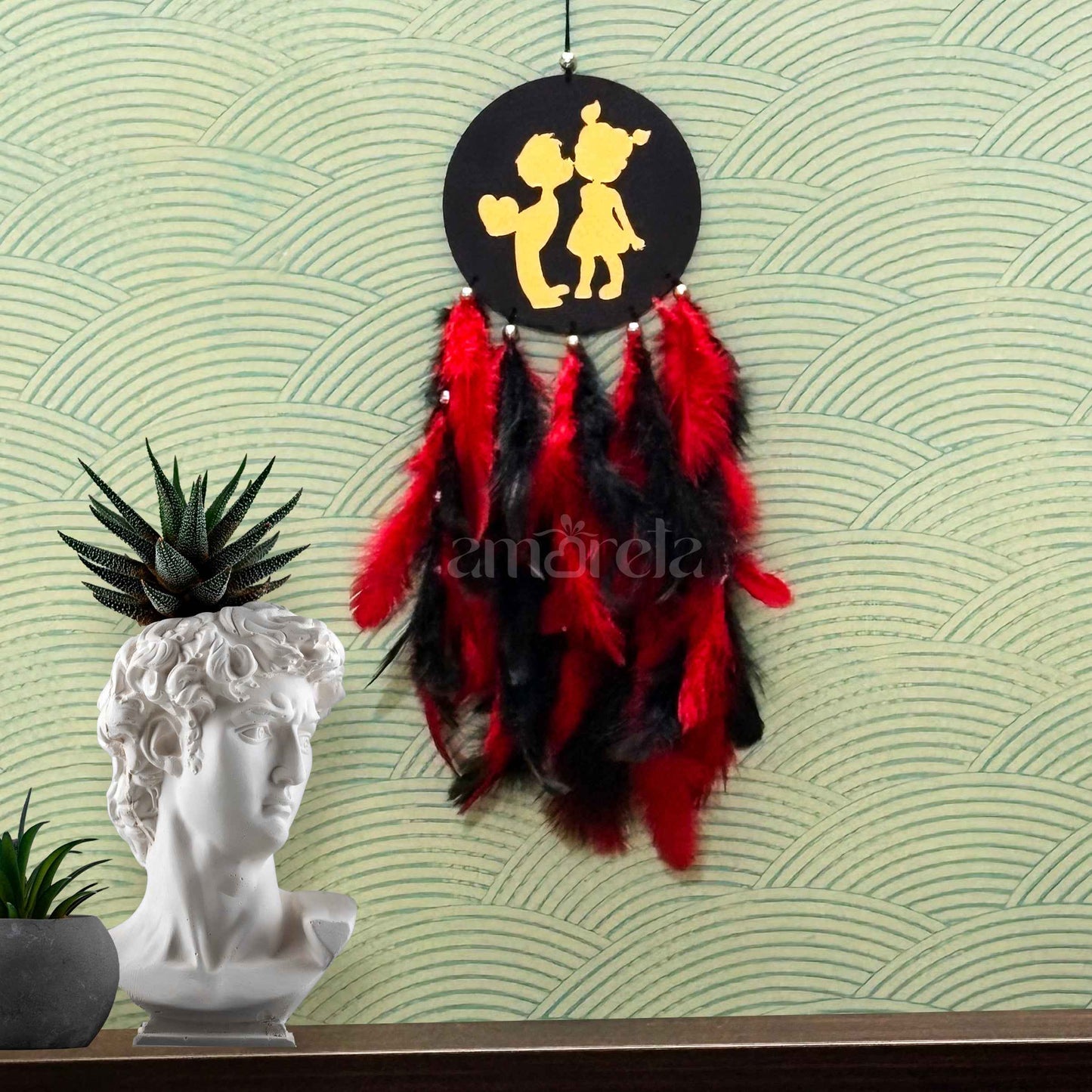 Golden Love Couple Big Dream Catcher with Red & Black Feathers