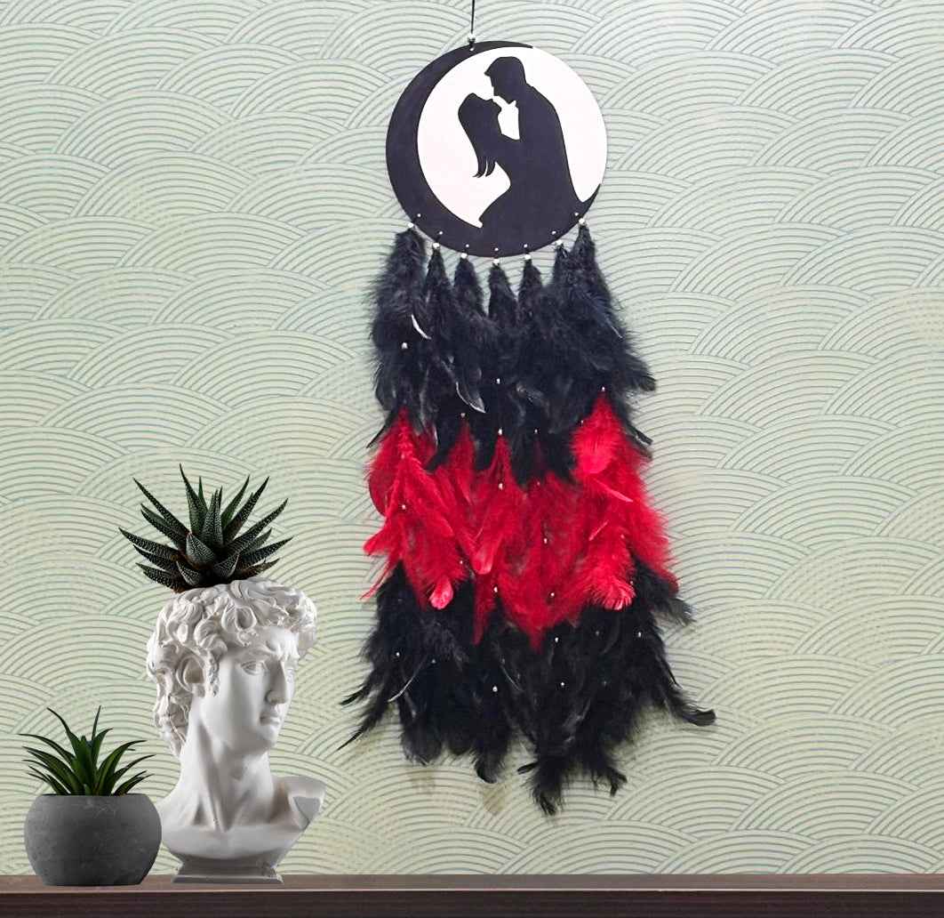 Moonlit Couple Big Dream Catcher with Silver Mirror & Red-Black Feathers