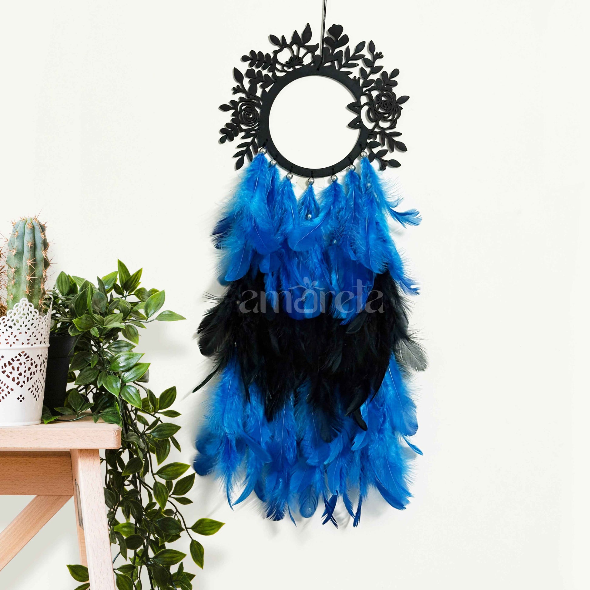 Personalized Floral Dream Catcher with Photo Frame - Blue & Black