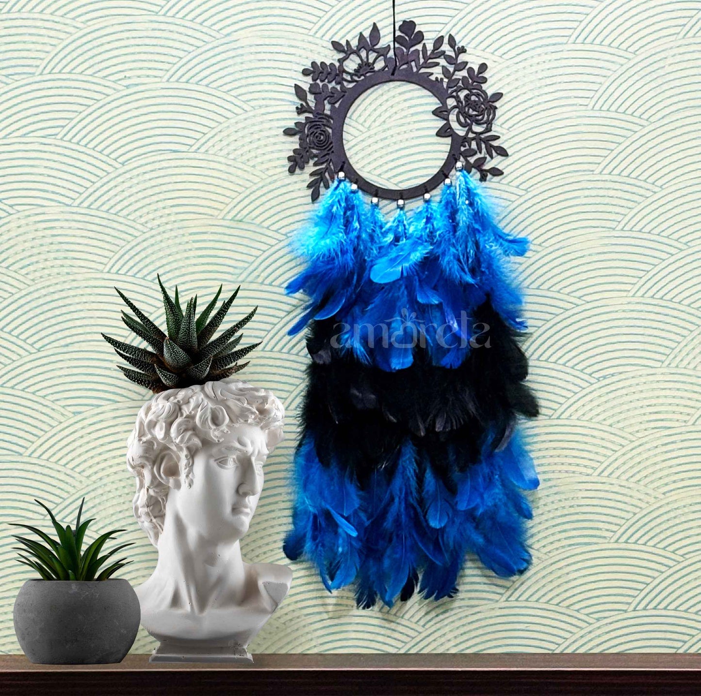 Personalized Floral Dream Catcher with Photo Frame - Blue & Black