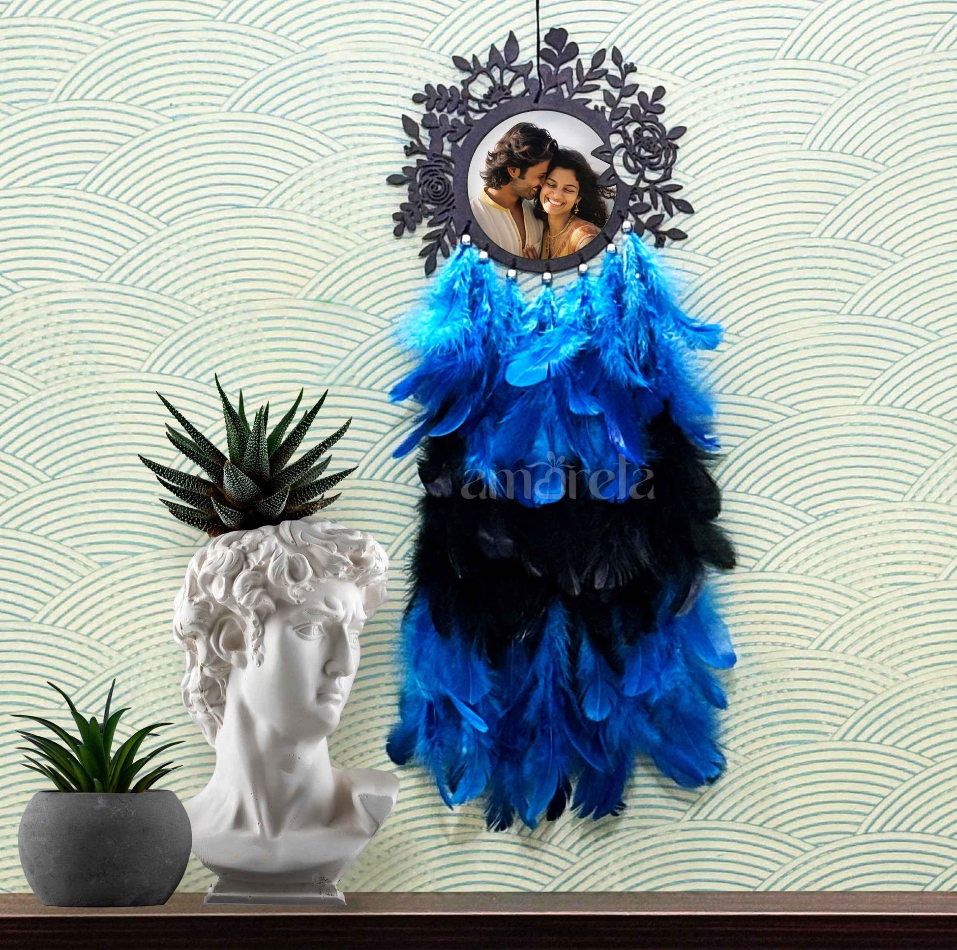 Personalized Floral Dream Catcher with Photo Frame - Blue & Black