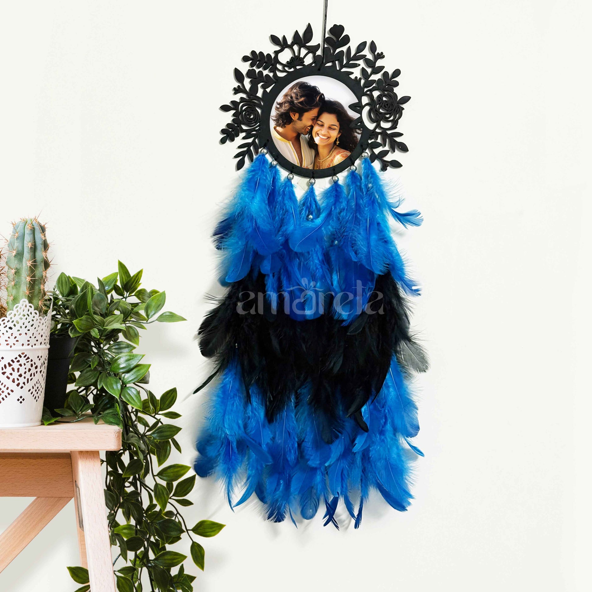 Personalized Floral Dream Catcher with Photo Frame - Blue & Black