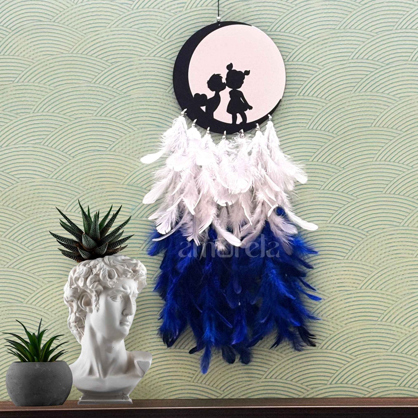 Adorable Kids on Moon Big Dream Catcher with Silver Mirror & Blue-White Feathers