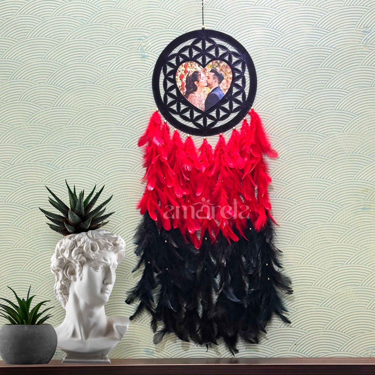 Personalized Heart Dream Catcher with Photo Frame - Red & Black Feathers