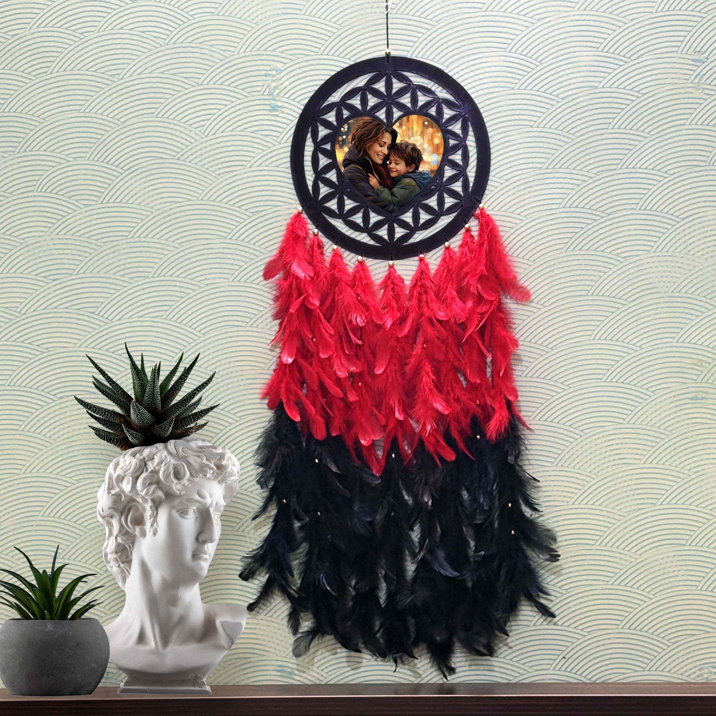 Personalized Red & Black Feather Dream Catcher with Photo | Heart & Love Theme | Mother's Day Special