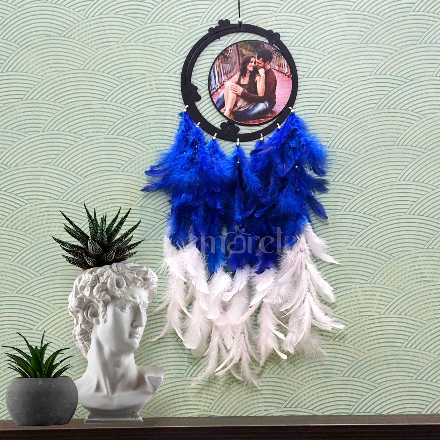 Personalized Dream Catcher with Photo Frame - Blue & White Feathers