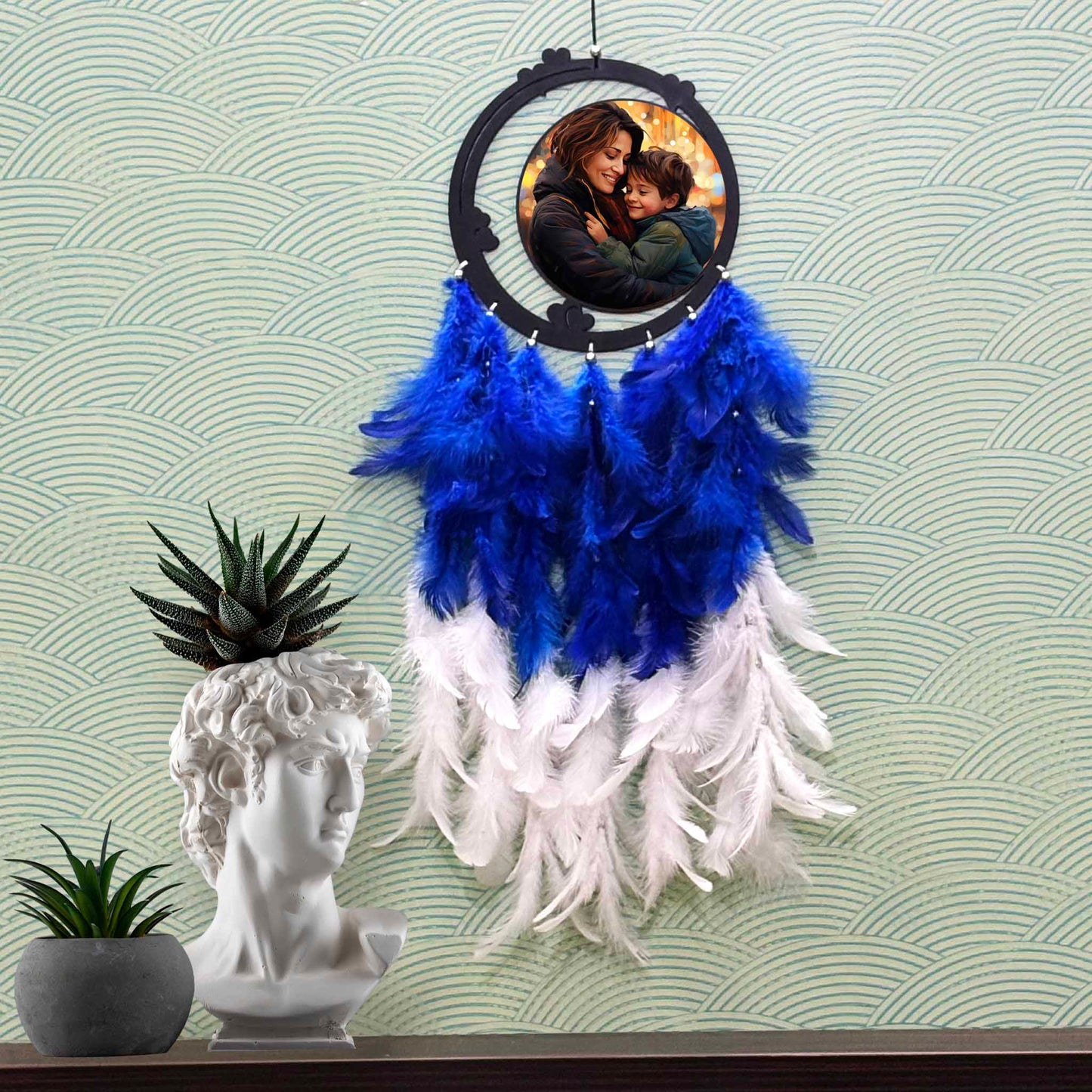 Personalized Blue & White Feather Dream Catcher with Photo | Custom Wall Décor for Mother’s Day or Gifting