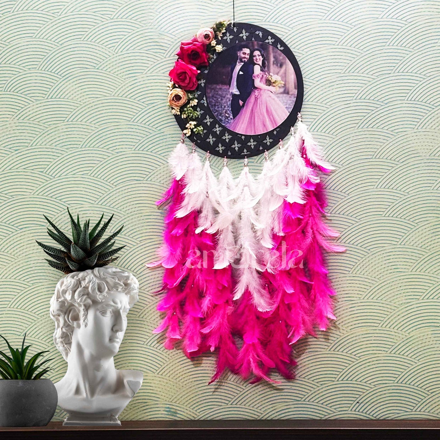 Personalized Floral Dream Catcher with Photo Frame - Pink & White Feathers