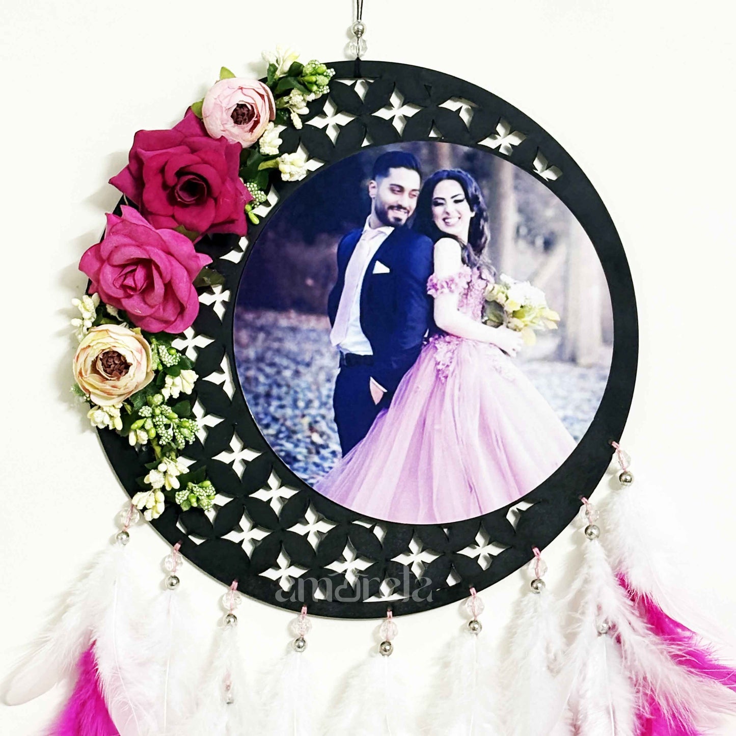 Personalized Floral Dream Catcher with Photo Frame - Pink & White Feathers