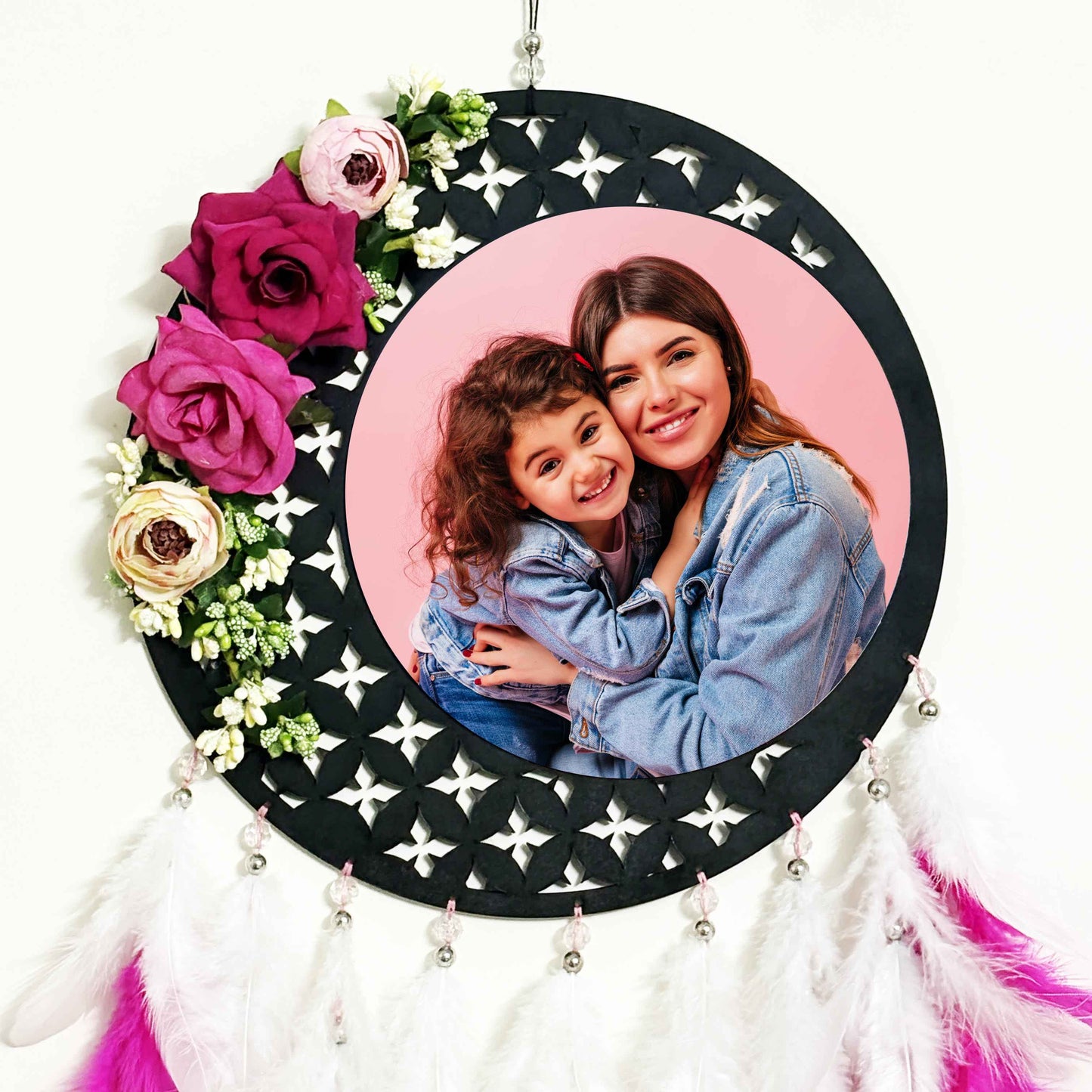 Personalized Pink & White Floral Dream Catcher with Photo | Custom Wall Décor for Mother’s Day & Special Gifting