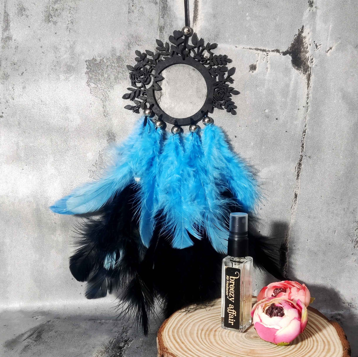 Floral Car Dream Catcher with Fragrance – Mother’s Day Gift, Blue & Black Feather Design