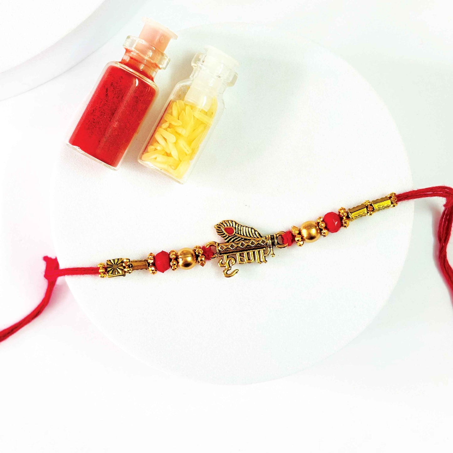 White Krishna Theme Car Dream Catcher with Rakhi – Spiritual Rakshabandhan Gift Combo
