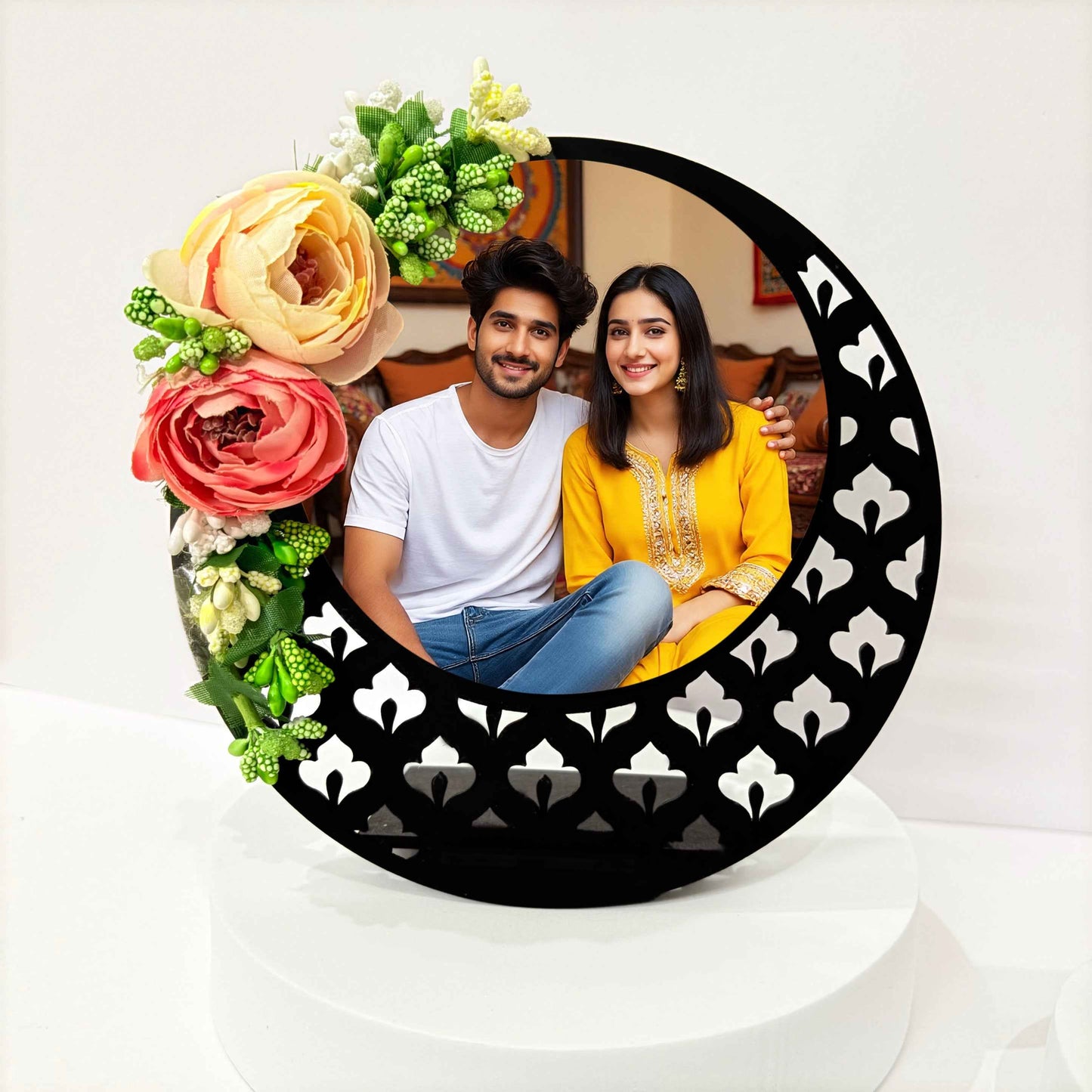 Personalized Floral Frame Combo with Customized Pearl Rakhi, Chocolate & Ritual Set