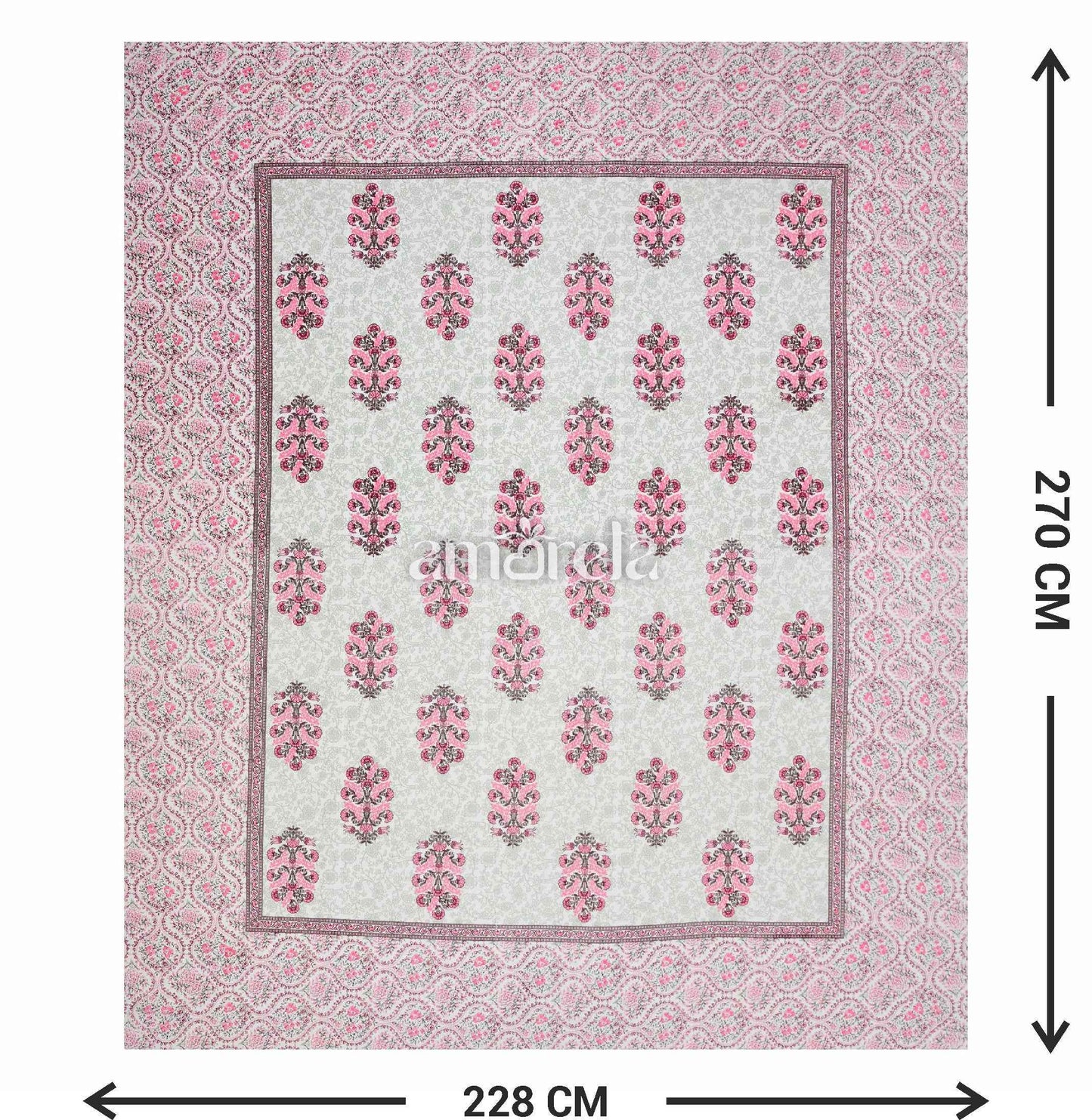 Double Bed Sheet Set – 100% Pure Cotton with Pink Pattern & Side Border (Set of 3)