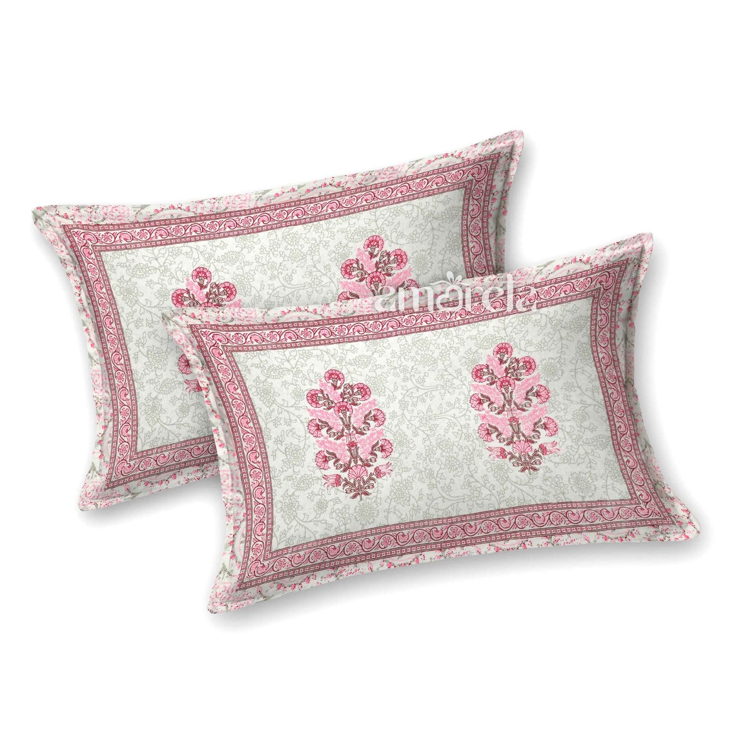 Double Bed Sheet Set – 100% Pure Cotton with Pink Pattern & Side Border (Set of 3)