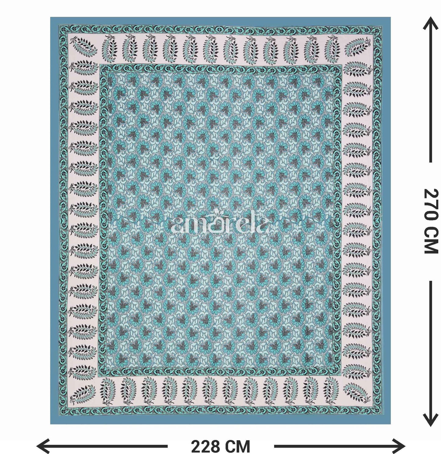 Double Bed Sheet Set – 100% Pure Cotton with Green Designer Print & Border (Set of 3)