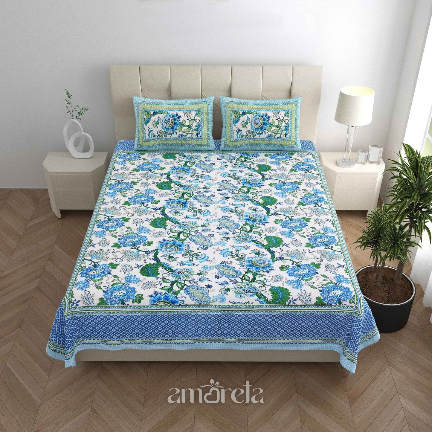Double Bed Sheet Set – 100% Pure Cotton with Blue Designer Print & Border (Set of 3)
