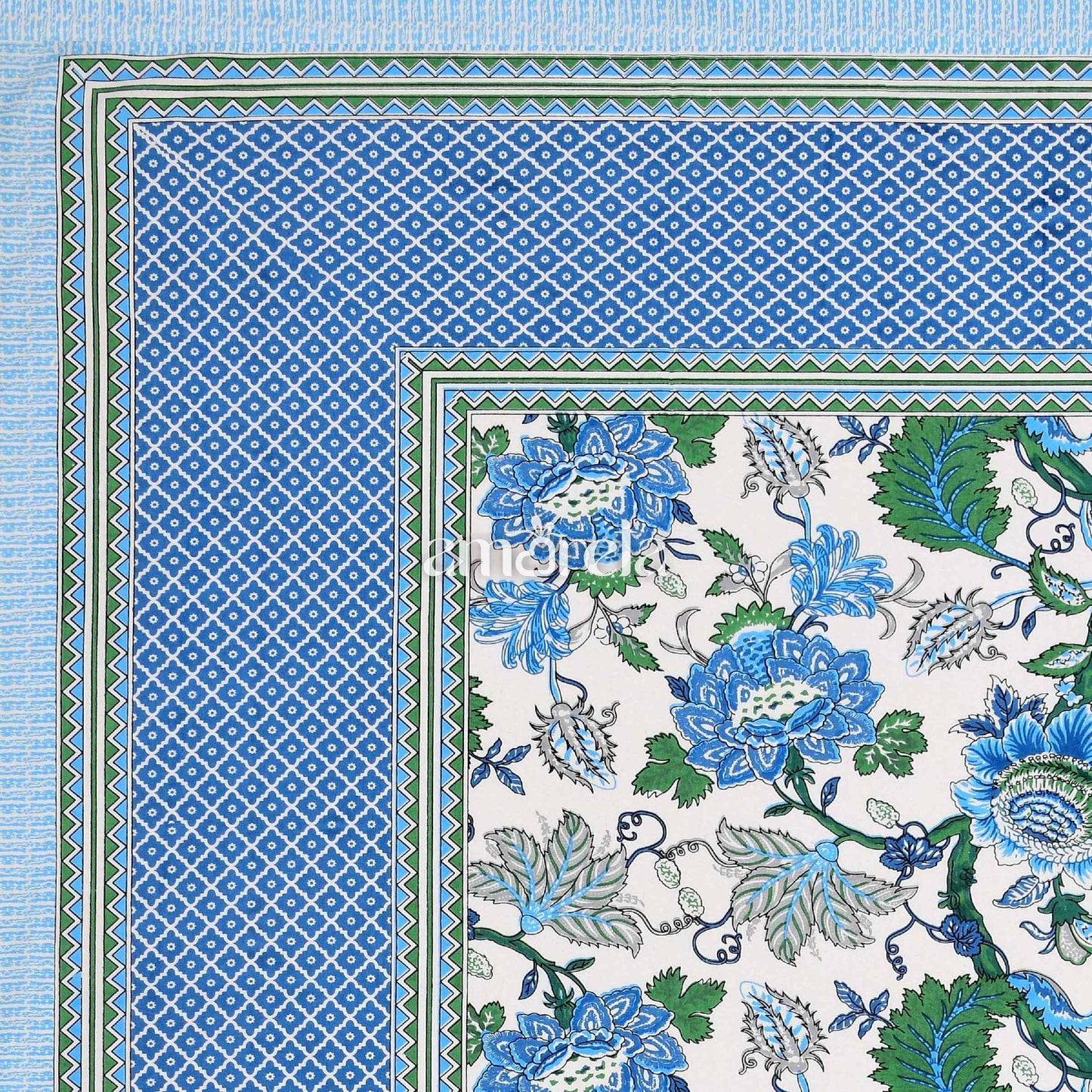 Double Bed Sheet Set – 100% Pure Cotton with Blue Designer Print & Border (Set of 3)