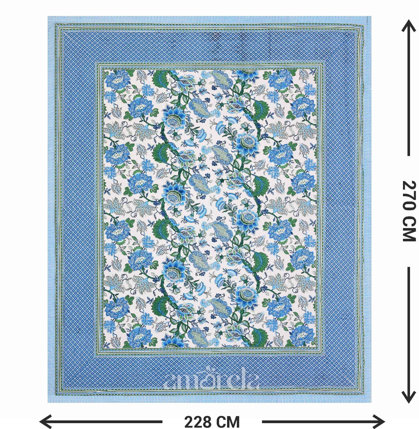 Double Bed Sheet Set – 100% Pure Cotton with Blue Designer Print & Border (Set of 3)