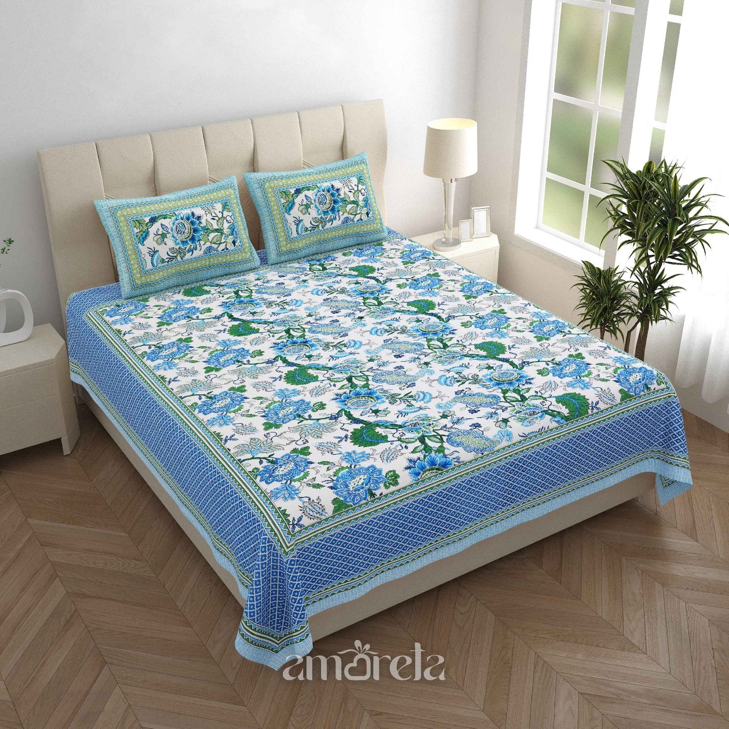 Double Bed Sheet Set – 100% Pure Cotton with Blue Designer Print & Border (Set of 3)