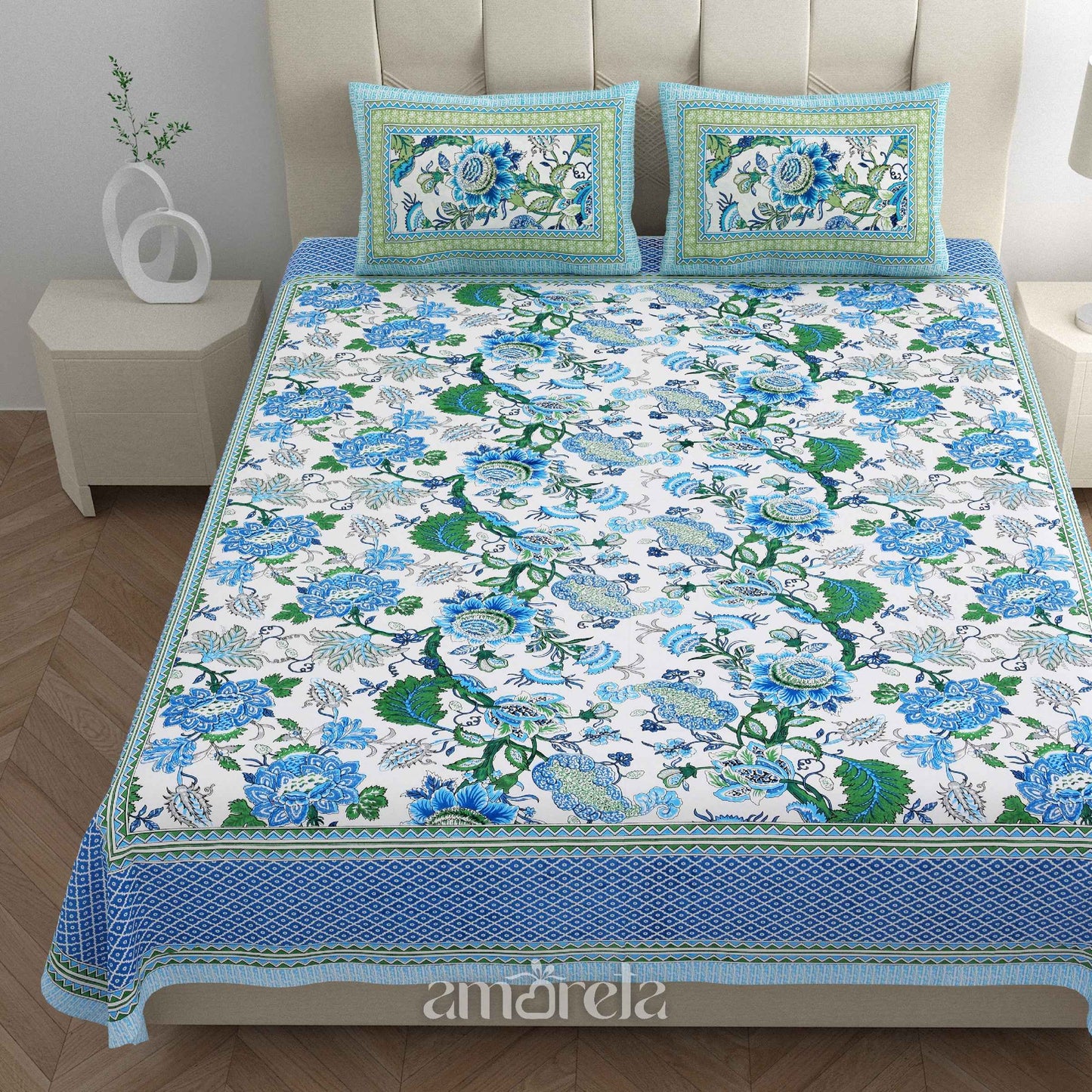 Double Bed Sheet Set – 100% Pure Cotton with Blue Designer Print & Border (Set of 3)