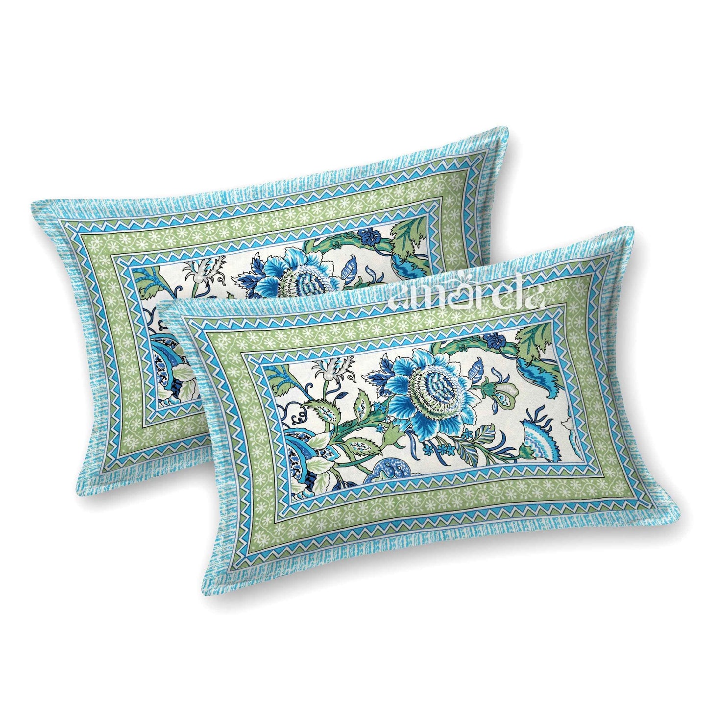 Double Bed Sheet Set – 100% Pure Cotton with Blue Designer Print & Border (Set of 3)