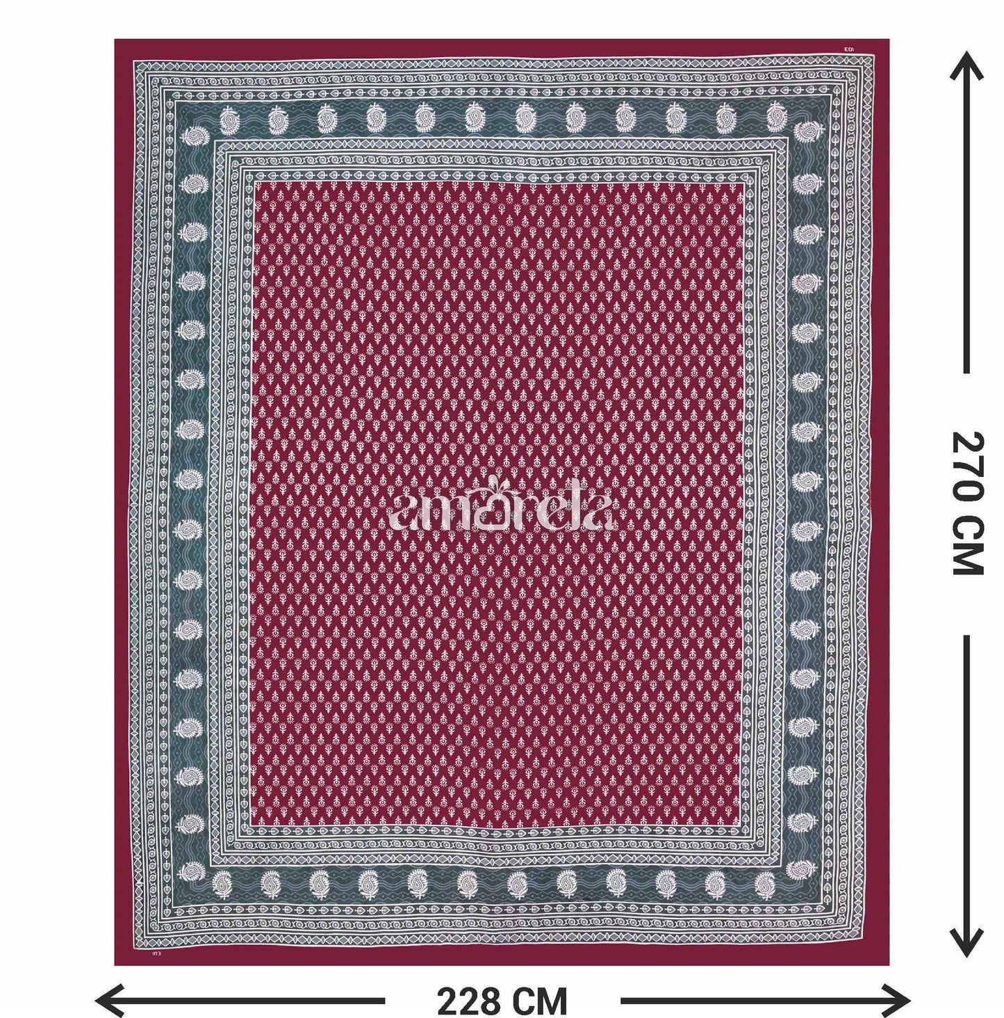 Double Bed Sheet Set – 100% Pure Cotton with Dark Red Designer Print & Border (Set of 3)