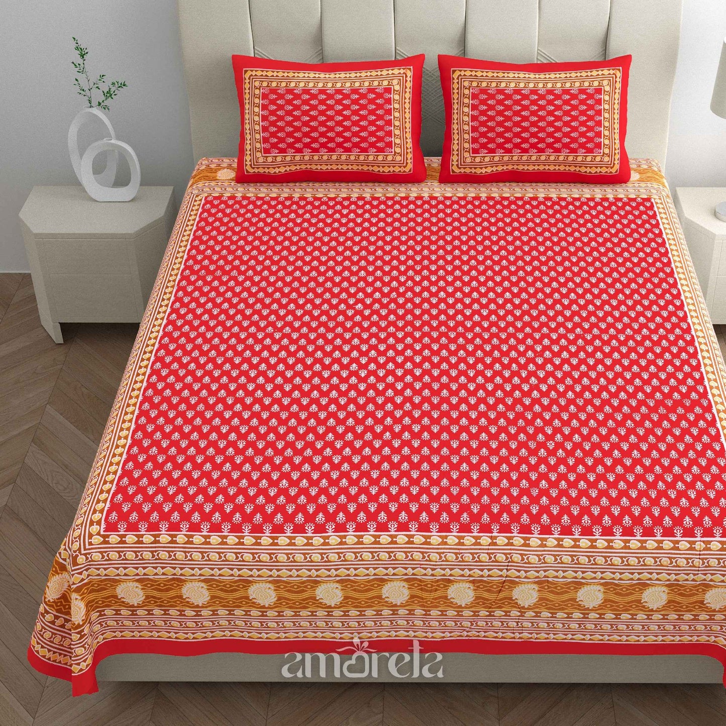 Double Bed Sheet Set – 100% Pure Cotton with Dark Red Designer Print & Border (Set of 3)