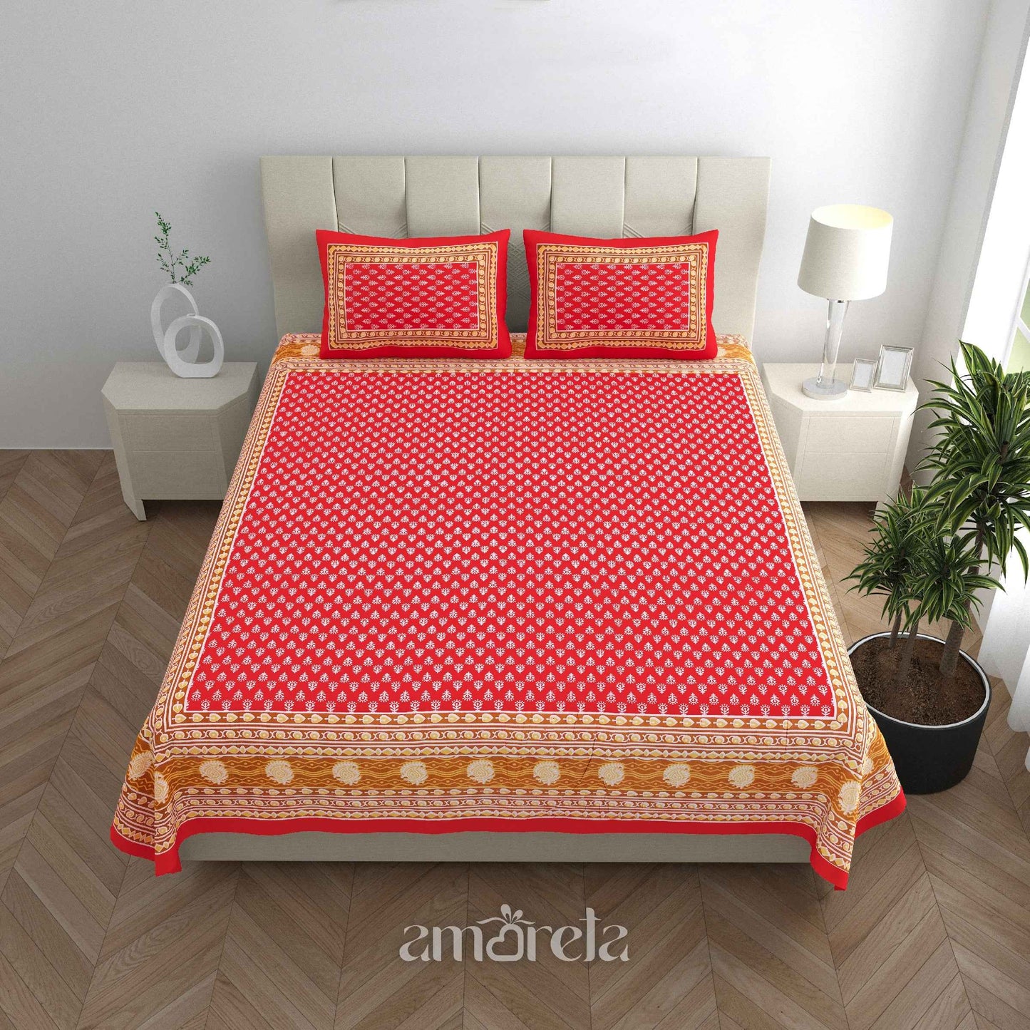 Double Bed Sheet Set – 100% Pure Cotton with Dark Red Designer Print & Border (Set of 3)