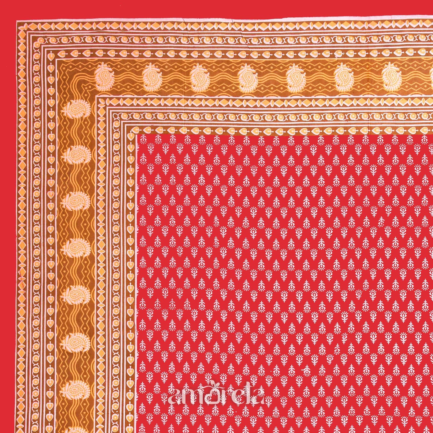 Double Bed Sheet Set – 100% Pure Cotton with Dark Red Designer Print & Border (Set of 3)