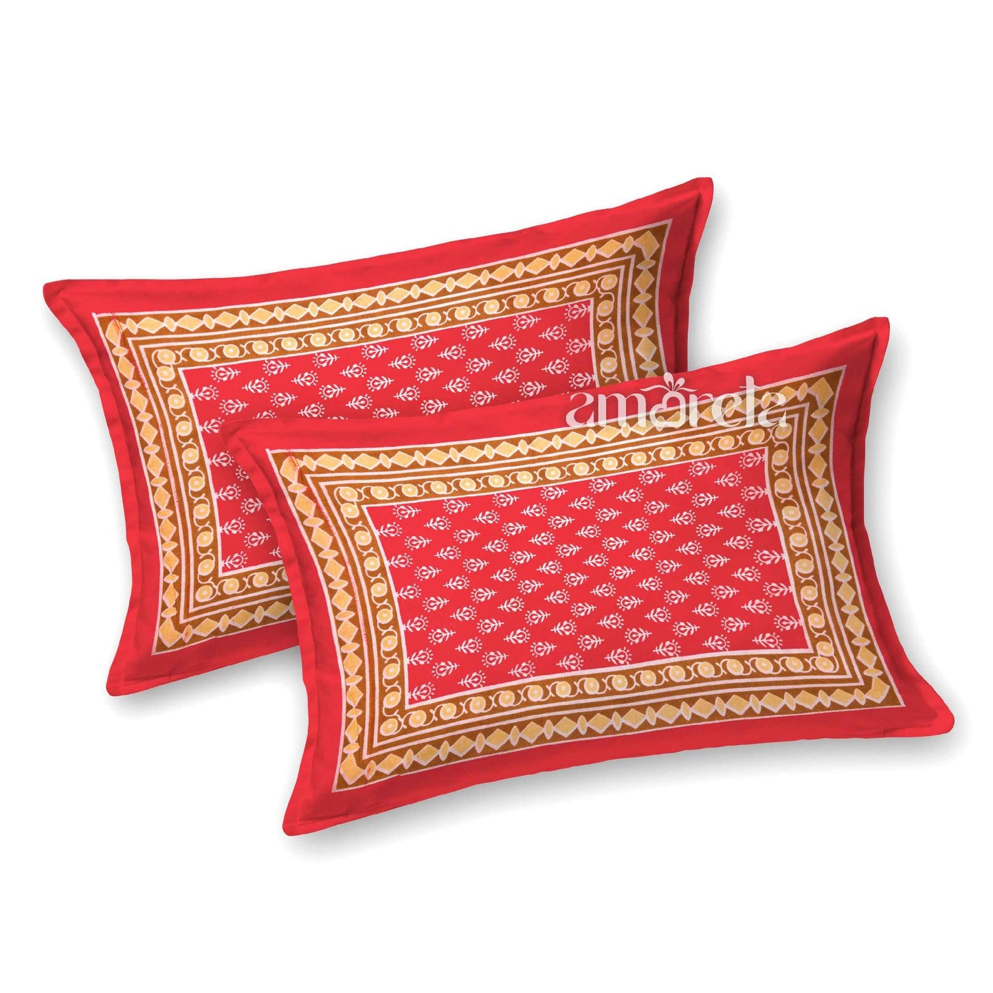 Double Bed Sheet Set – 100% Pure Cotton with Dark Red Designer Print & Border (Set of 3)