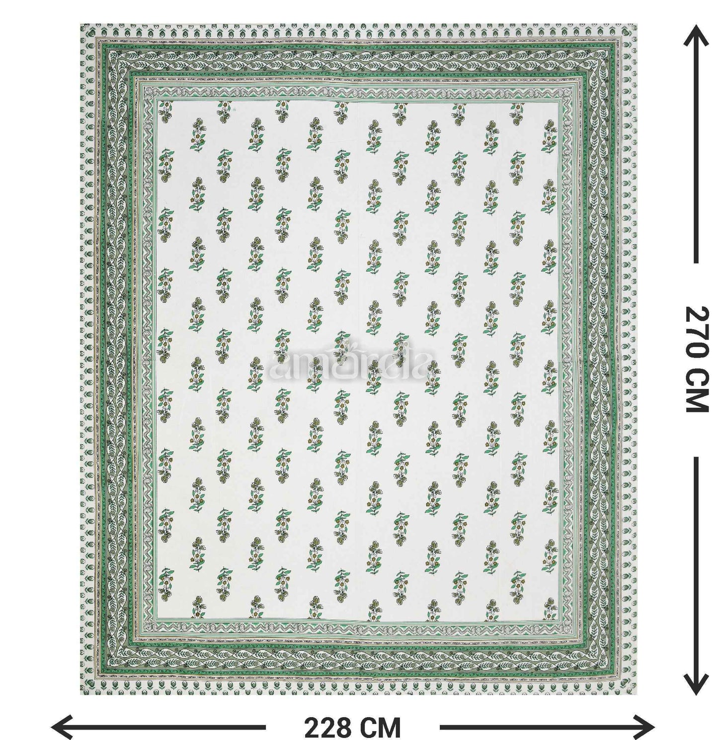 Double Bed Sheet Set – 100% Pure Cotton with Green Print & Border on White Base (Set of 3)
