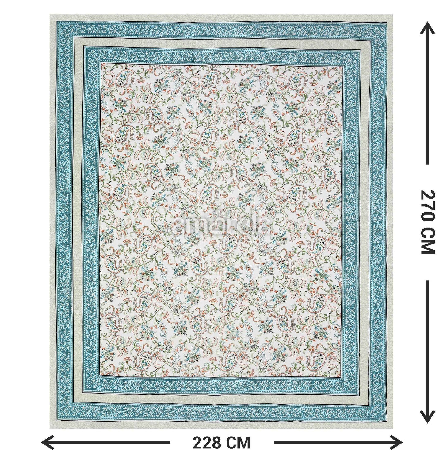 Double Bed Sheet Set – 100% Pure Cotton with Blue Print & Border on White Base (Set of 3)