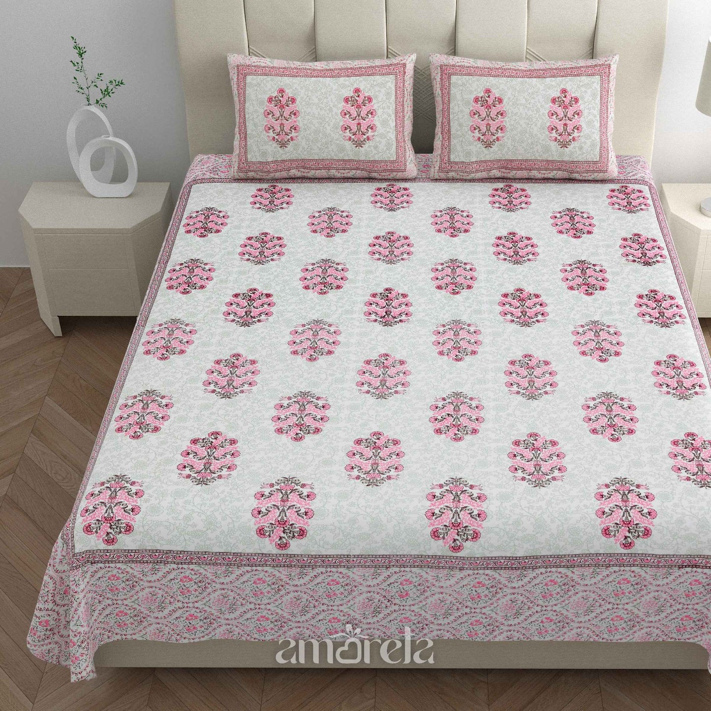 Double Bed Sheet Set – 100% Pure Cotton with Pink Pattern & Side Border (Set of 3)