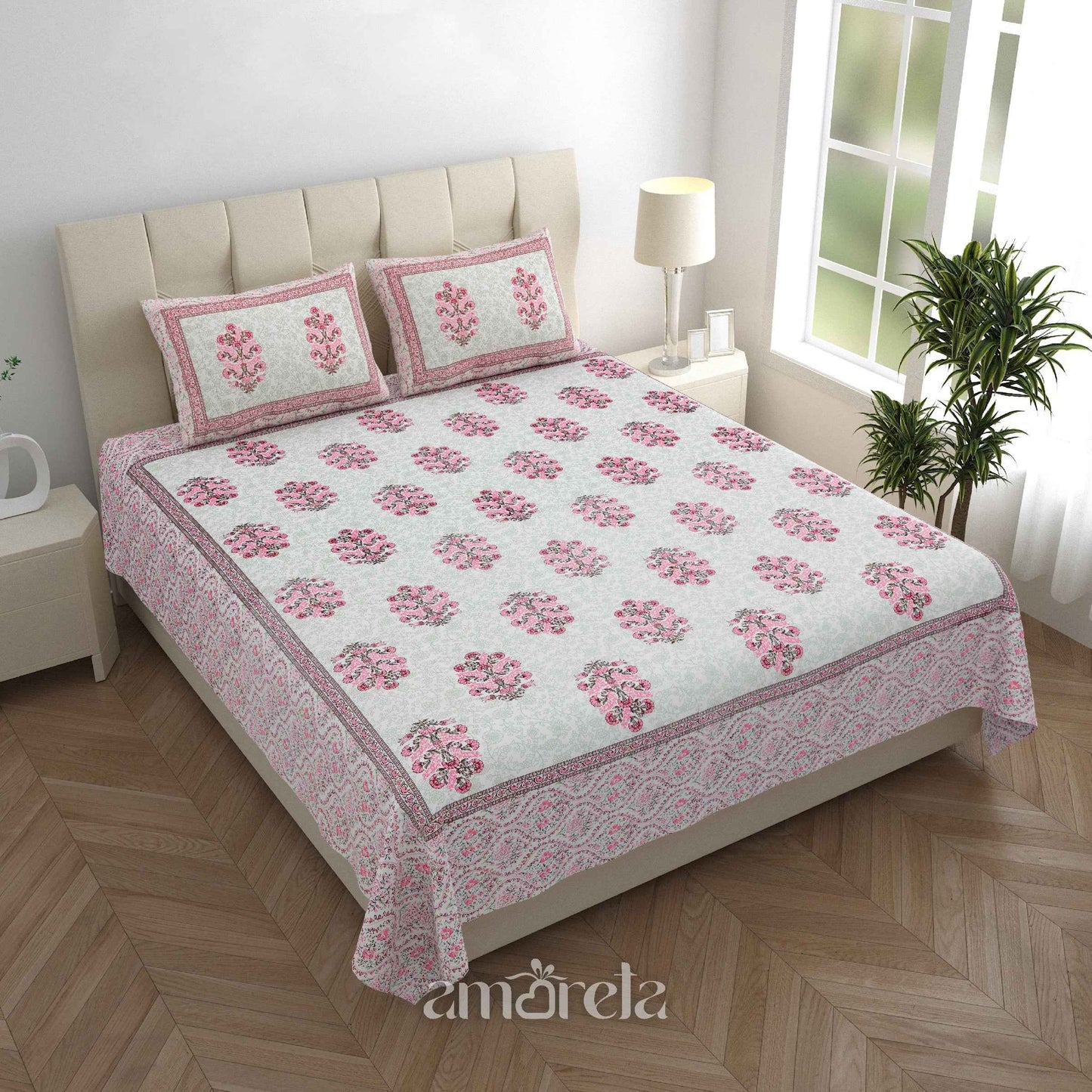 Double Bed Sheet Set – 100% Pure Cotton with Pink Pattern & Side Border (Set of 3)