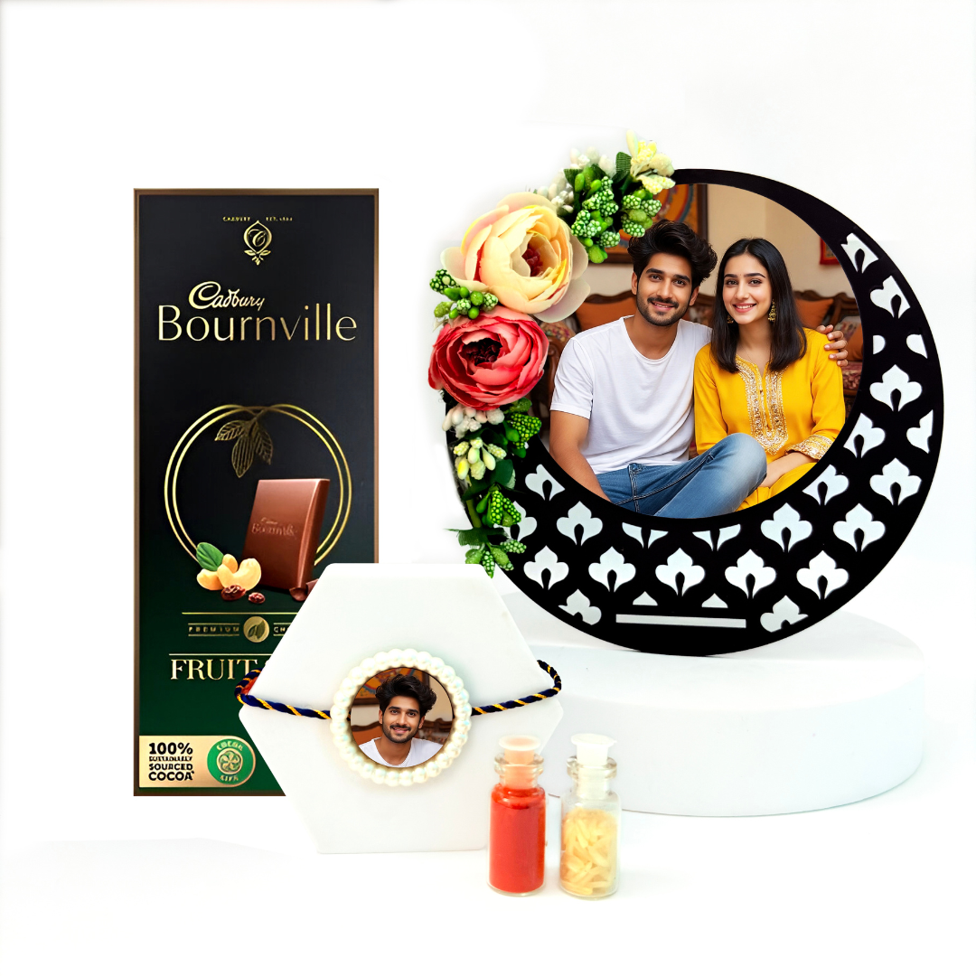 Personalized Floral Frame Combo with Customized Pearl Rakhi, Chocolate & Ritual Set